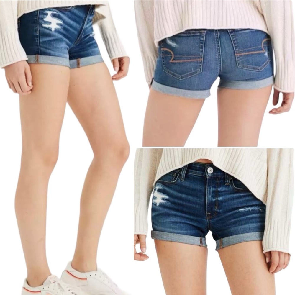 AEO Midi Shorts Size 4 Distressed Details Cut Offs Blue Jeans Denim